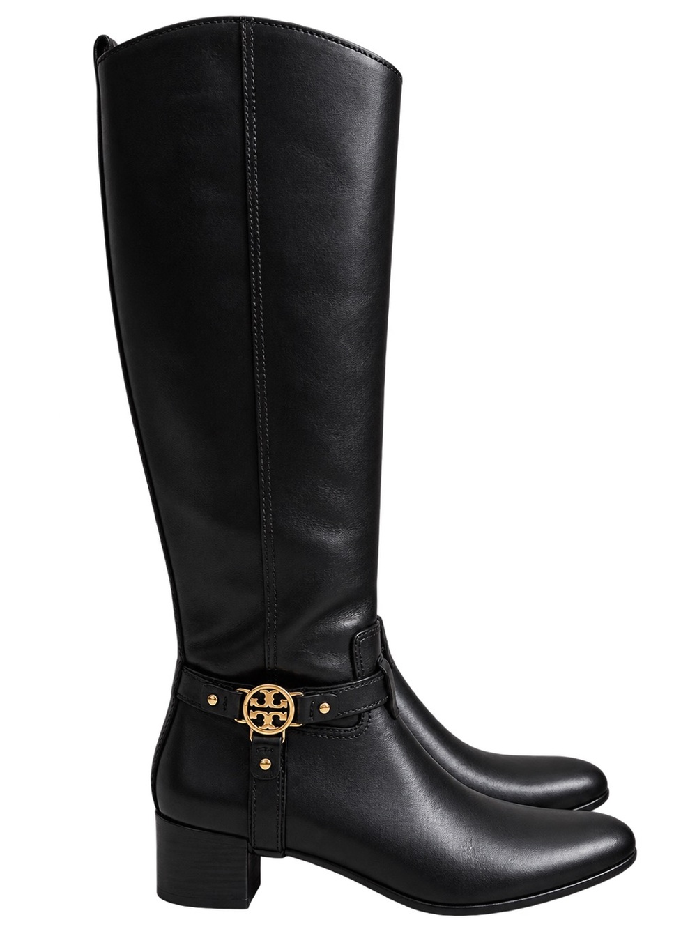 Tory Burch Donavan Riding Boots Black Leather Gold Logo Harness Knee High Sz 7.5